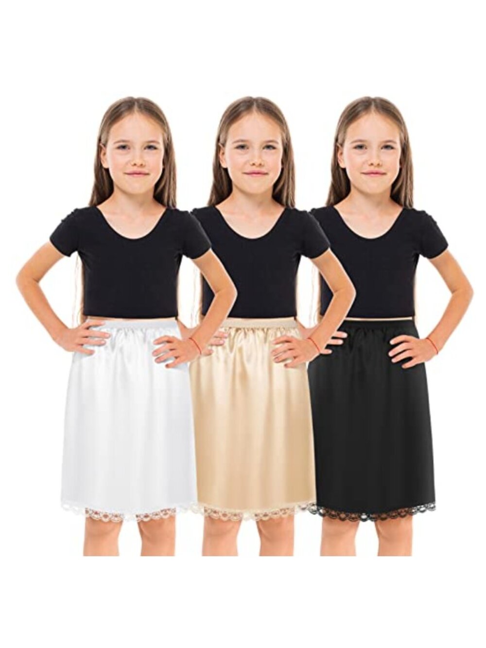 Satin Half Slips for Girls Under Dresses with Lace Trim, Pack of 5